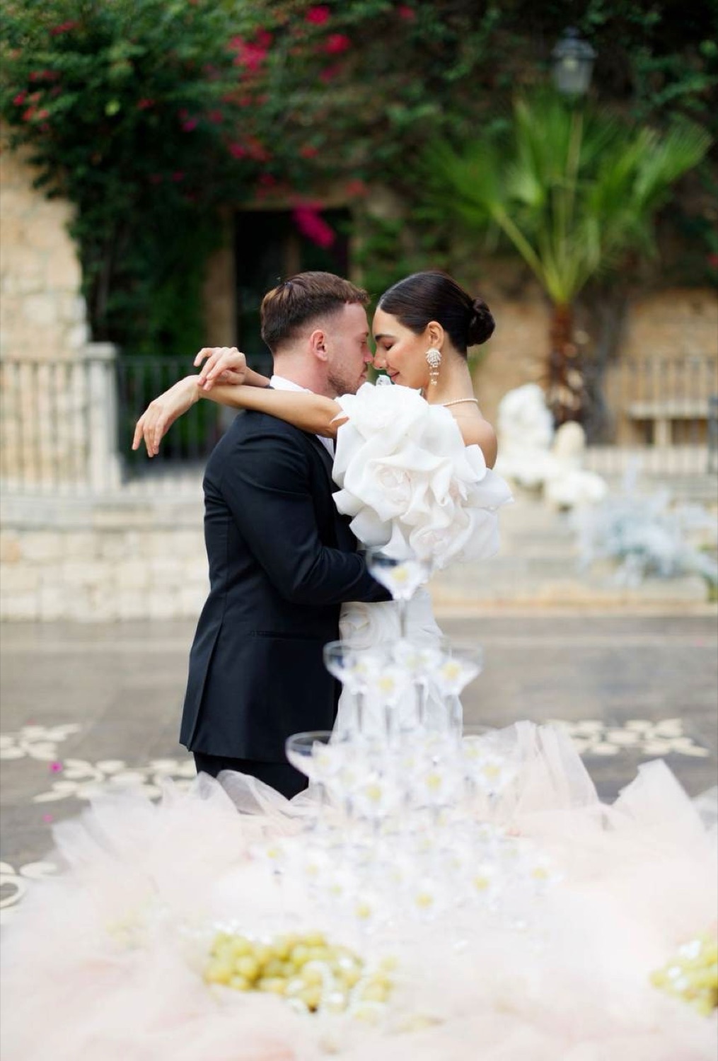 Couple with champagne tower